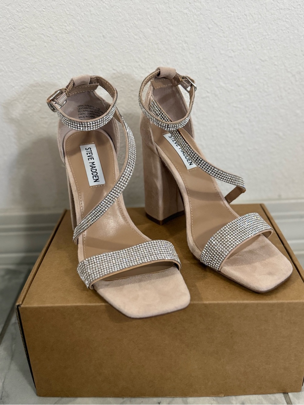 Steve Madden Nude Pink Rhinestone Wrap Strap Block Heels